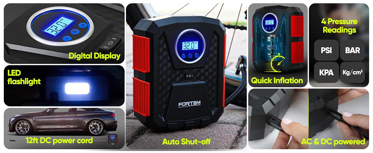 Compact tire inflator with digital display, fast inflation, and dual AC/DC power options.