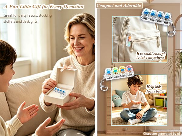 A mini keyboard fidget keychain shown as a gift and clipped to a backpack.