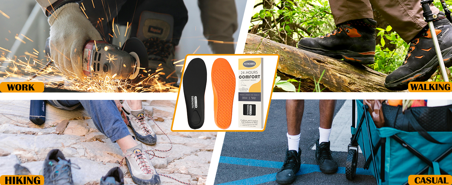 Composite image showing orange shoe insoles in various active use scenarios including work, hiking, and casual wear, with product insert displayed in center.