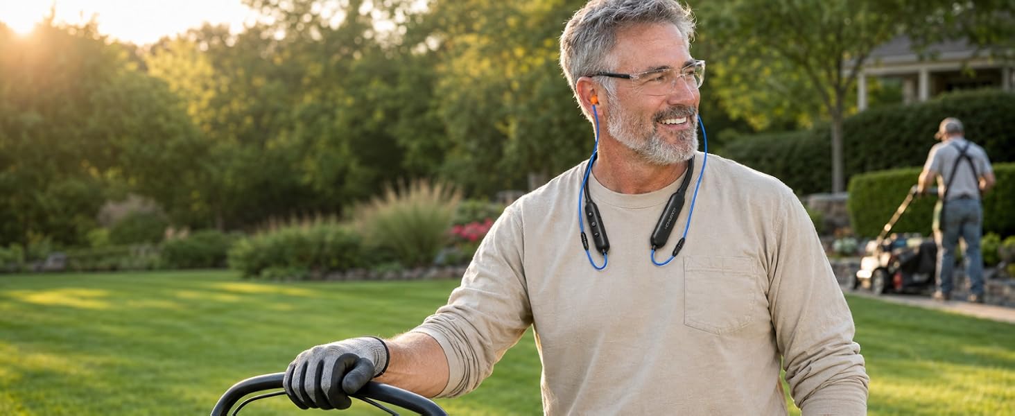 An old man is happily working using lawn mower while using HomeSpot Neckband