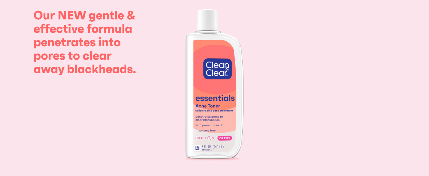 bottle of Clean & Clear Essentials Acne Toner on coral colored background new gentle formula