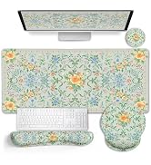 LIMKRIAN Green Floral Desk Mat Set with Bow, Large Computer Mat for Keyboard and Mouse, Ergonomic...