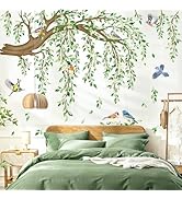 decalmile Large Hanging Vine Wall Stickers Tree Branch Green Leaf Flower Birds Wall Decals Living...