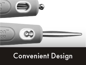 Image of close up of brush base with text reading convenient design.