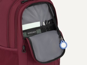 Open front organizer on a laptop backpack with pen slots, mesh pockets, and a tracking device clip
