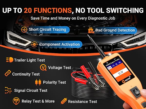 Multi-function probe tester for short circuit tracing, ground checks, voltage testing and more.