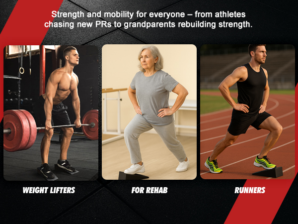 Text reads 'Strength and mobility for everyone - from athletes chasing new PRs to grandparents rebuilding strength.' 'WEIGHT LIFTERS' 'FOR REHAB' 'RUNNERS'. Composite showing various exercise activities.