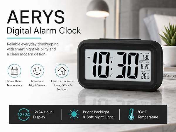 digital alarm clock, digital table clock, LED alarm clock, LCD alarm clock, alarm clock, SPN-RECPP