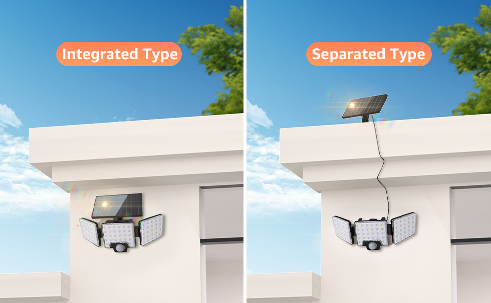 Comparison of two outdoor solar lights: integrated type mounted on a wall, and separated type with detached solar panel connected by wire.