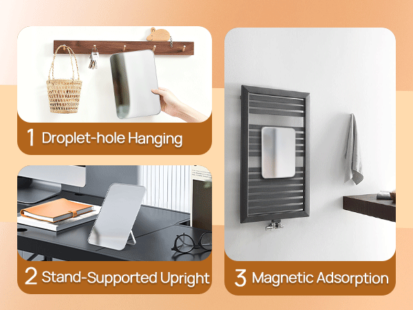 Text reads '1 Droplet-hole Hanging', '2 Stand-Supported Upright', '3 Magnetic Absorption'. Installation diagram showing mounting options for a device.
