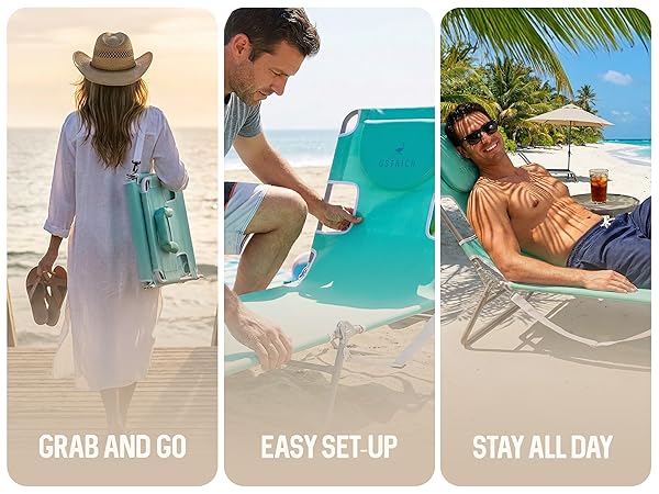Images of a blue beach chairs features. Text reads: Grab and Go, Easy Set Up, Stay All Day.