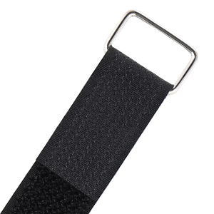 Close-up of a black fabric strap with a metal buckle or fastener. The strap has a textured surface and appears to be part of a larger product.