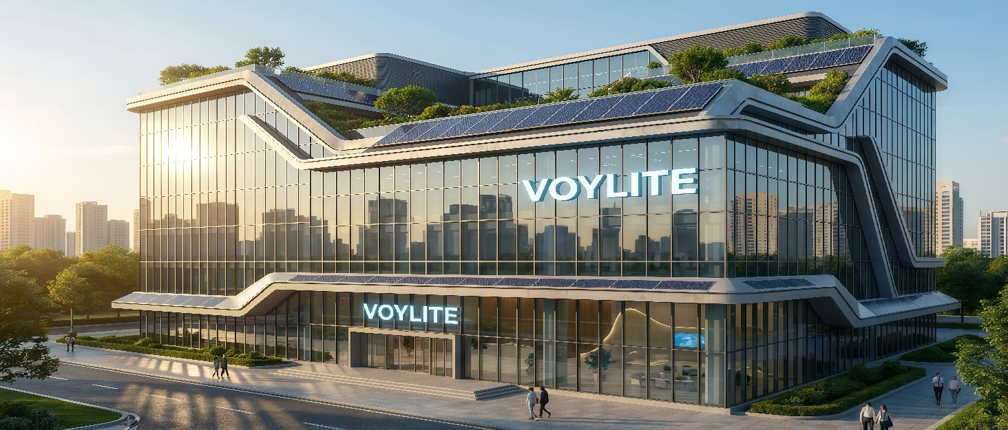 Text reads "TOYLITE". Modern multi-story building with glass and metal architecture photographed during daytime with landscaping.