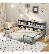 Giantex Full Size Floor Bed for Kids, Wooden Montessori Bed Frame with Bookcase, Storage Shelves ...