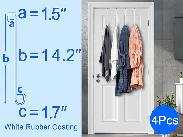 bath towels robes 4 over door hooks, diagram showing 1.5" top gap 14.2" long white rubber coating