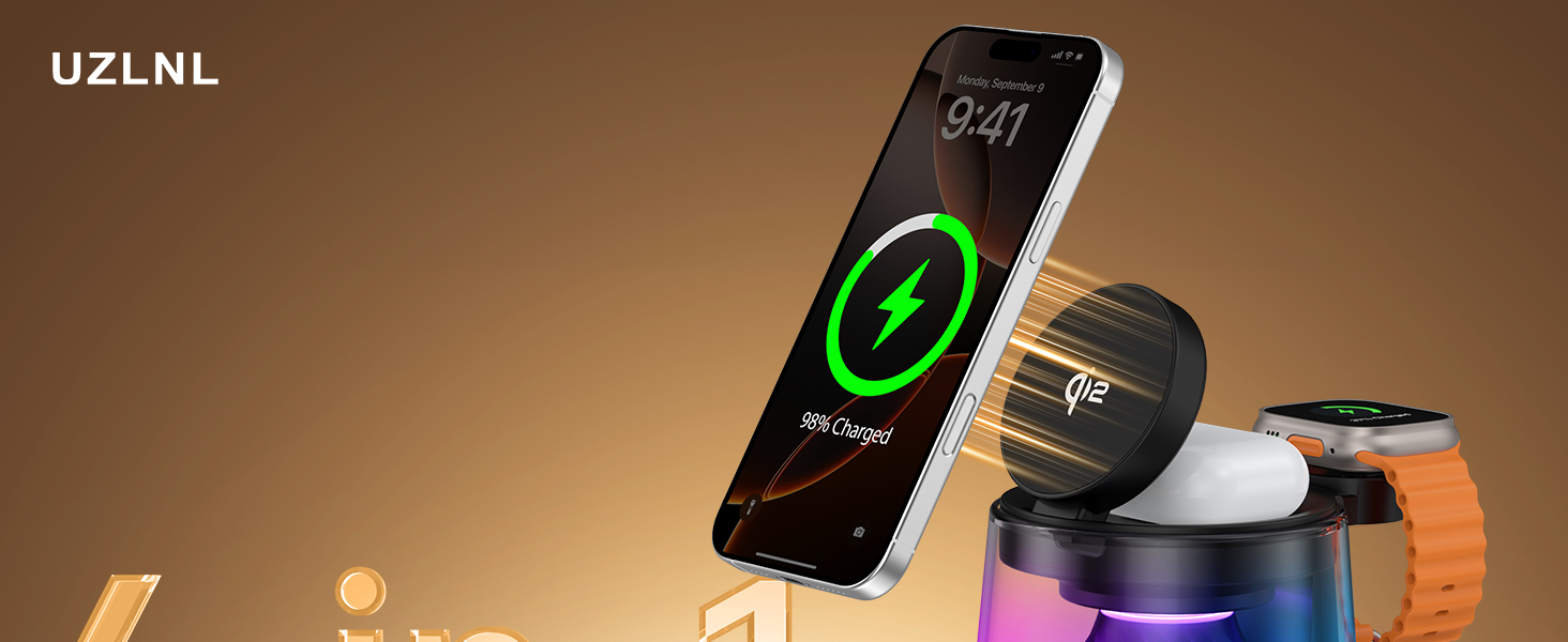 UZLNL 4-in-1 Qi2 magnetic wireless charger with ambient light for Apple devices