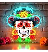 Astuddy Day of the Dead Sugar Skull Neon Sign – Mexican Cowboy Hat LED Wall Light, Colorful Dia d...