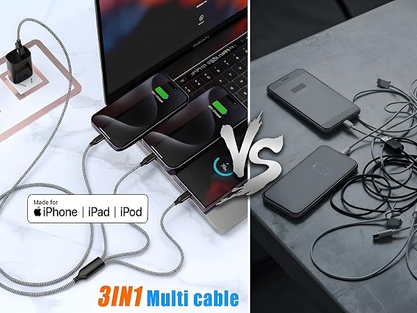 3 in 1 Multi Charging Cable Tangle Free Nylon Braided Multi Cord