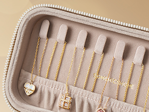 Beige jewelry organizer case with multiple compartments holding gold-toned necklaces with pendant charms. Zipper closure visible.