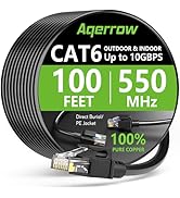 Aqerrow Outdoor Cat6 Ethernet Cable 100 FT, 24AWG 10Gbps Copper Long Cat6 Cable, 550MHz Direct Bu...