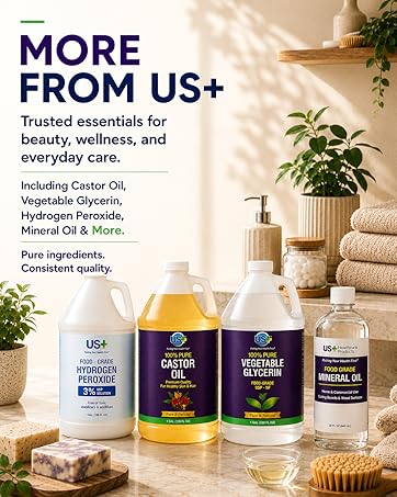 US+ offers food grade hydrogen peroxide, castor oil, vegetable glycerin, glycerine, and mineral oil