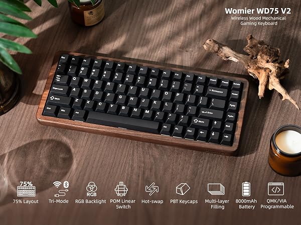 75% Mechanical Keyboard Wireless with QMK/VIA, WD75 V2 Wood Gaming Keyboard
