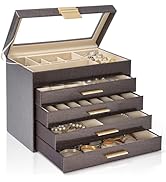 AKOZLIN 5-Tier Jewelry Box with Clear Glass Lid Functional Leather Jewelry Storage Organizer Case...
