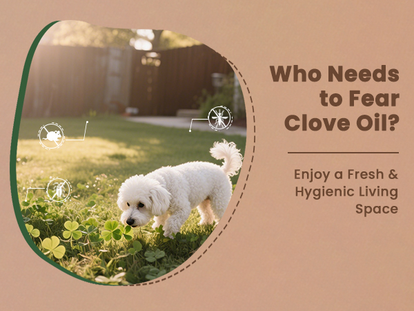 Text reads: 'Who Needs Clove Oil? Hygienic Living Space'. Series of circular-framed images showing outdoor garden scenes and a small white dog.