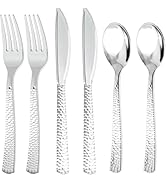 Joyido 300Pieces Silver Plastic Silverware - Hammered Disposable Utensils - Heavy Duty Plastic Cu...