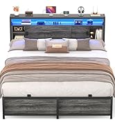 Queen Size Bed Frame - Storage Headboard Bed with Sliding Doors, LED Lights & USB Charging Statio...