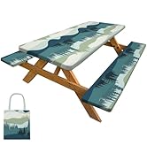 Picnic Table Cover with Bench Covers Camping Tablecloth with Storage Bag Windproof Waterproof Pic...