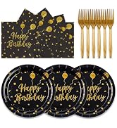 PUEVENYI 75PCS Happy Birthday Paper Plates - 7 Inch Black Gold Dot Paper Plates and 6.5 Inch Napk...