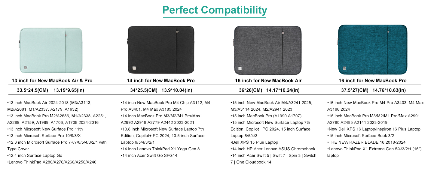 Series of technical specification diagrams showing product compatibility information with multiple detailed measurements and specifications.