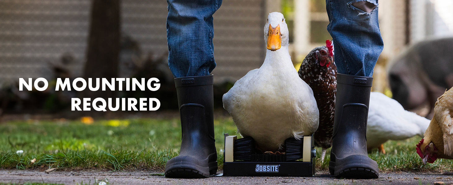 A person stands on the scrubber next to a duck. Text reads "no mounting required"