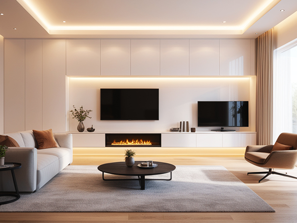 Modern living room with wall-mounted TV, linear fireplace, white paneled walls, grey sofa, brown leather chair, and round coffee table. Ambient lighting from cove ceiling.