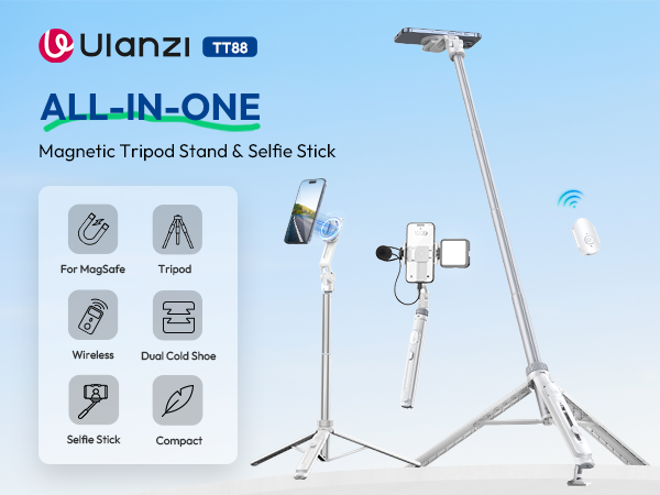 ULANZI TT88 Extendable Phone Tripod, 57" Magnetic Selfie Stick Phone Vlog Tripod Stand
