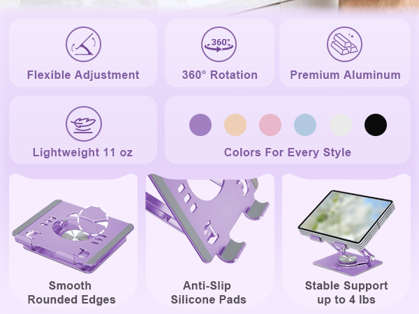 Aluminum portable tablet holder with anti-slip pads, rounded edges and stable support design