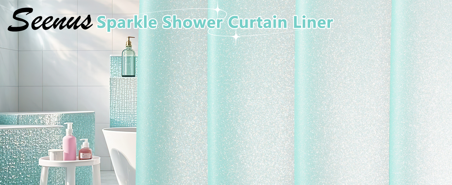 Seenus Waterproof Bathroom Glitter Aqua Teal Sparkle Plastic Shower Curtain Liner with Magnets