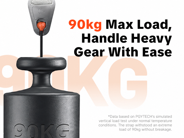 Text reads "90kg Max Load, Handle Heavy Gear With Ease". Black metal support stand or tripod base with weighted platform design shown against product branding.