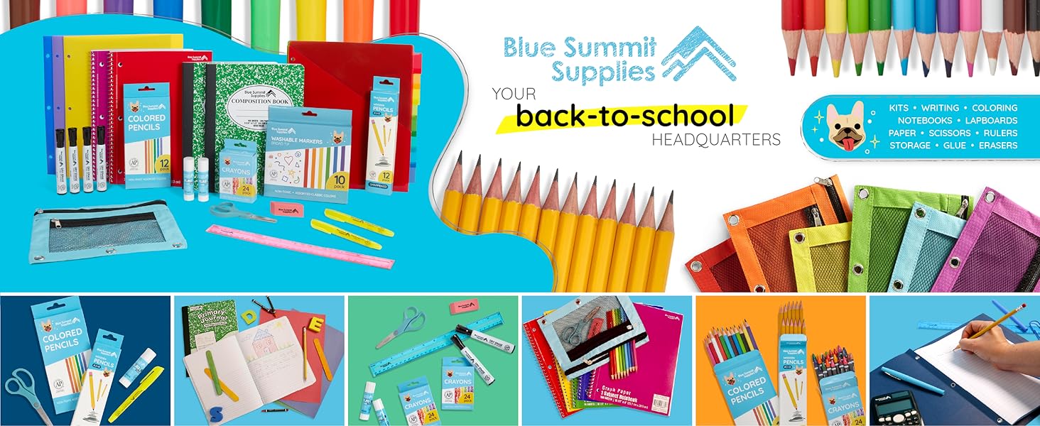 Colorful school supplies on a blue and white background