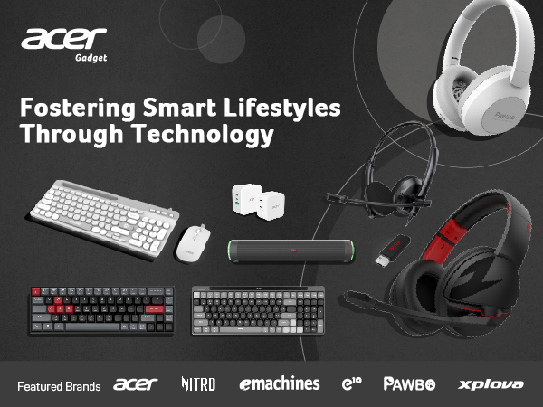 Acer technology products display including keyboards, mice, headphones, and earbuds. Text reads 'Fostering Smart Lifestyles Through Technology'. Multiple brand logos shown.