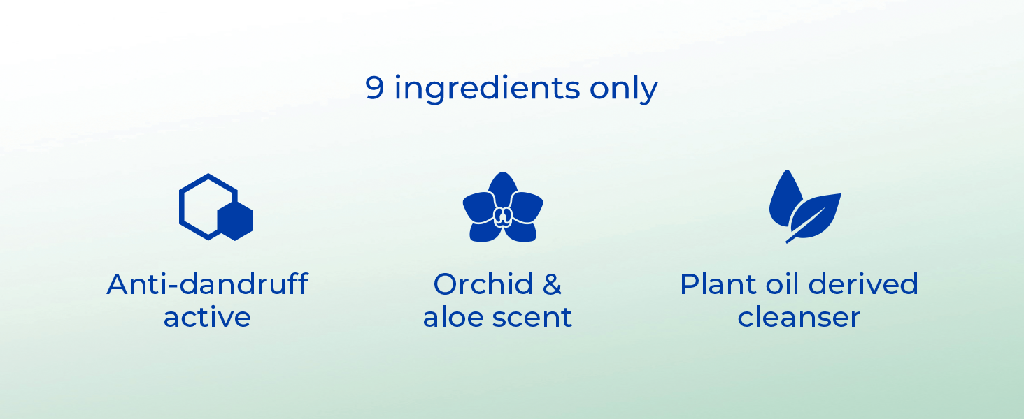 9 ingredients include anti-dandruff active, orchid & aloe scent for a pleasant wash.