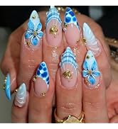 24Pcs Blue Flower Press on Nails Medium Almond French Tip Fake Nails 3D Conch Shell with Gold Sta...