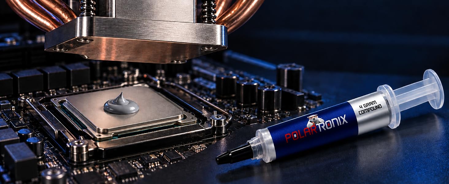 thermal paste syringe on surface in front ofcpu with thermal paste on it