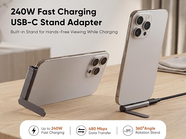 Text reads "240W Fast Charging USB-C Stand Adapter" with two silver smartphones displayed on charging stands with feature icons below showing charging specifications and compatibility details.
