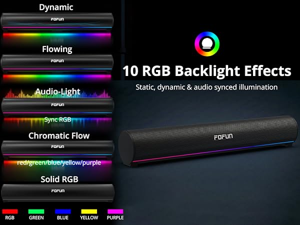 Text reads 'Dynamic', 'Flowing', 'Chromatic Flow', '10 RGB Backlight Effects'. Software interface showing different RGB lighting effect options with colorful gradient visualization bars.