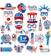 30Pcs 4th of July Photo Booth Props, Patriotic USA Themed Photo Props for Independence Day Memori...