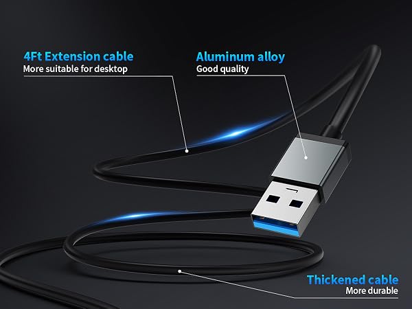 USB extension cable with aluminum alloy connector. Features 4ft length, thickened cable for durability, suitable for desktop use. Cable shown coiled with blue accent lighting.