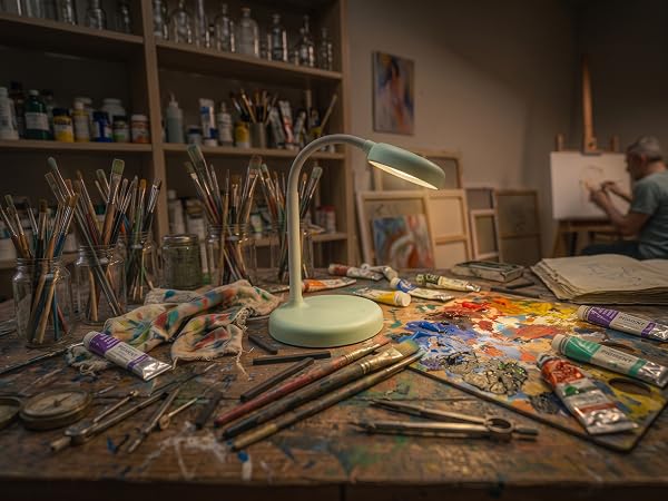 lamp on painter's desk