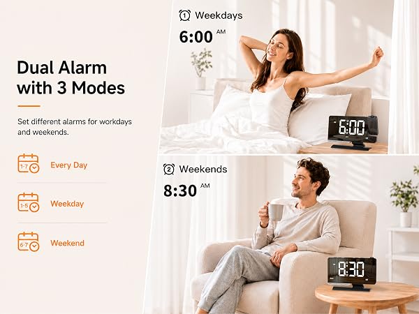 Dual Alarmwith 3 Modes, Set different alarms for workdaysand weekends.